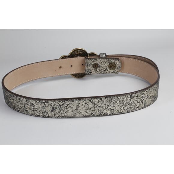 VTG Leatherock Belt Metallic Crackled Leather Rhinestone Gem Statement Buckle M